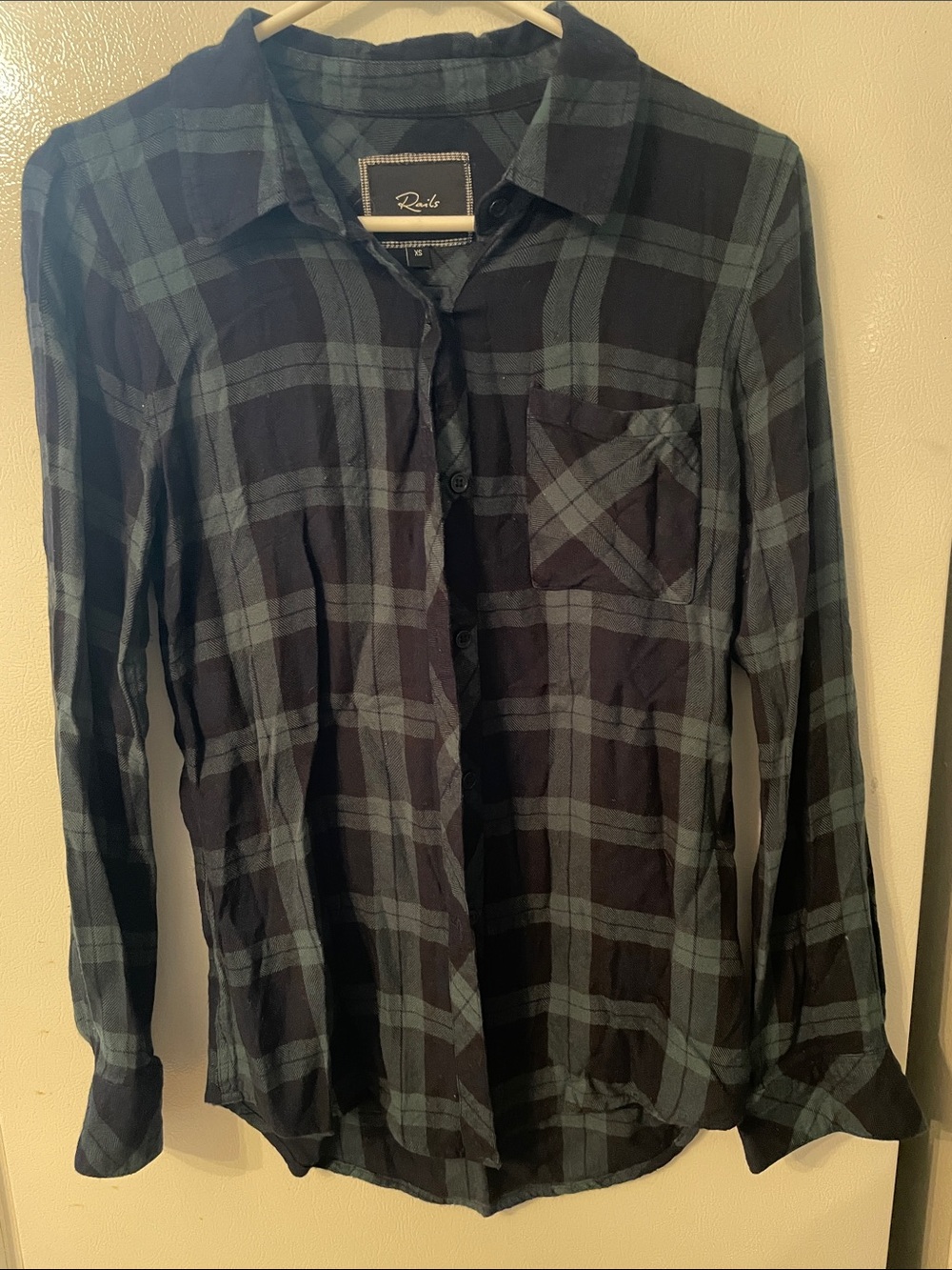 Rails XS 100% Rayon Black and Green Plaid Button-Down Shirt Everyday Comfort